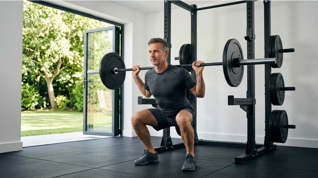 A fit man in his 50s performing a controlled barbell squat in a professional home gym. illustrating strength training for men over 40.