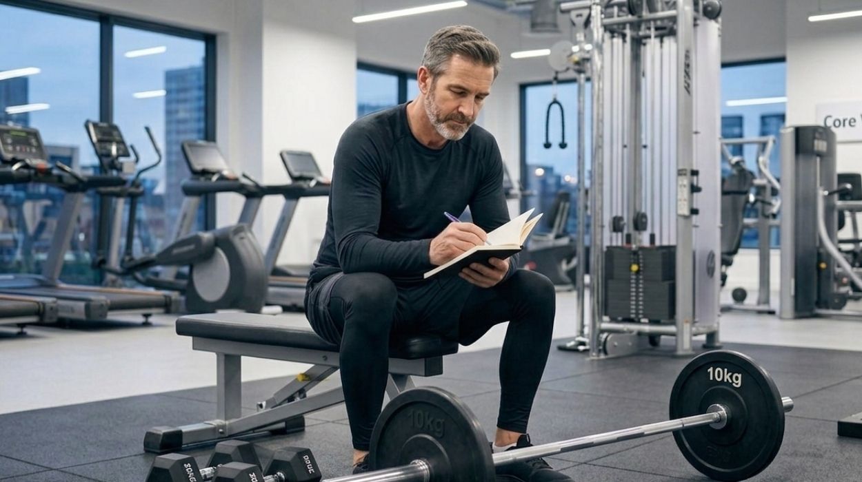 A fit middle-aged man with grey hair writing in a small workout logbook on a modern gym bench, with a 10kg barbell and dumbbells nearby.